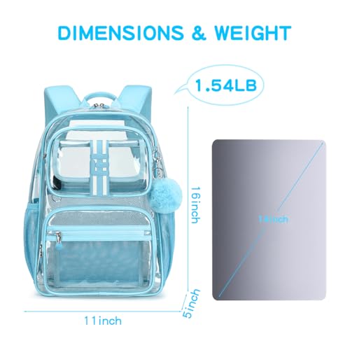 Cusangel Clear Backpack for School,16in Heavy Duty Clear BookBag,TPU Large Capacity Black See Through backpack for Stadiums,Concerts,Plastic transparente para mujer for 8Age+ - color: Aqua Clear 16in
