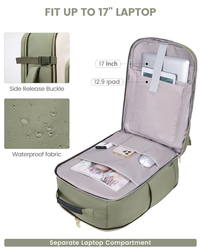 LOVEVOOK 40L Travel Backpack for Women & Men, Airline Approved Carry On Luggage with 3 Packing Cubes, TSA Overnight Bags, Waterproof Personal Item Bag, Weekender Essentials Backpacks fits 17" Laptop - color: Light Green-beige-olive Green, size: Large