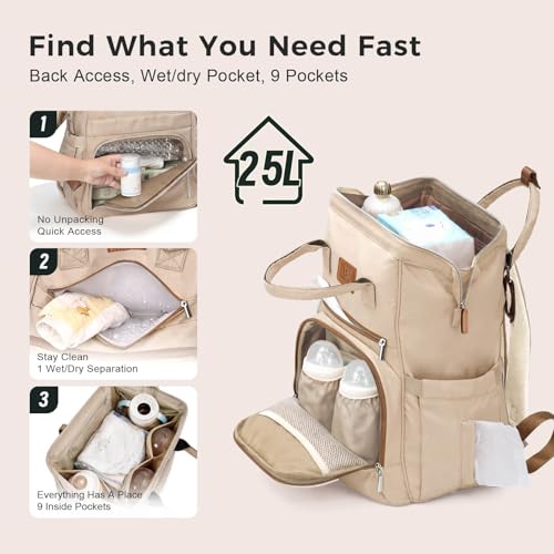 Diaper Bag Backpack, Lightweight Baby Bag with Insulated Bottle Pockets, Changing Pad, Stroller Straps and Luggage Sleeve, Unisex for Mom and Dad, 25L Brown - color: Brown, size: Large