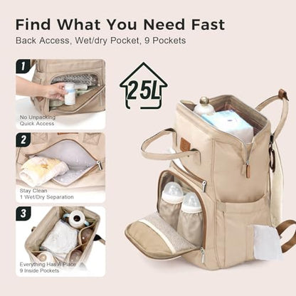 Diaper Bag Backpack, Lightweight Baby Bag with Insulated Bottle Pockets, Changing Pad, Stroller Straps and Luggage Sleeve, Unisex for Mom and Dad, 25L Brown - color: Brown, size: Large