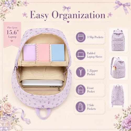 LEDAOU School Backpack for Teen Girls Elementary Middle School Bookbag Kids Backpacks Women Laptop Backpack Travel Daypack (Flower Bow - Purple) - color: Flower Bow - Purple
