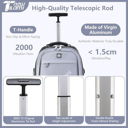 NEW TILAMI 19 Inch Rolling Backpack 360°rotating Universal Wheel, Large Organizer Compartments, Adjustable Handle, Carry on for School Students Business Travel, Soft Grey - color: Soft Grey