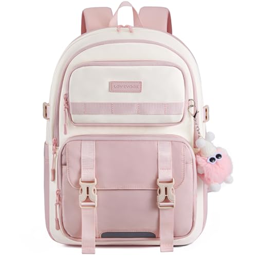 LOVEVOOK School Backpack for Teen Girls, Anti-Sagging Bookbag for Middle High College Back to School, 17" Laptop Backpacks for 10-16 Student, Cute Bag with Water Bottle Pocket for Travel,Pink - color: Pink, size: 17 inch