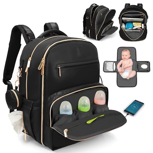 Large PU Leather Diaper Bag Backpack Set (3-Piece) – Baby Bag with Large Changing Pad, Insulated Warm/Cool Bottle Pockets Organization, Newborn Essentials Travel Gift for Mom & Dad, Best Baby Shower