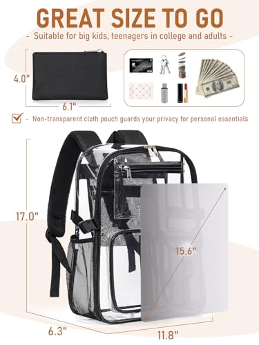 Clear Backpack Heavy Duty for Women Men Boys Girls, Large Clear Bookbag See Through Backpack for School College - color: 13-5#black+pouch-no Reflective Strips