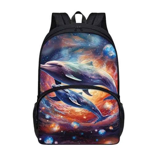 Talayituse Dolphin Galaxy Print School Bag Backpack for Kids Boys Travel Casual Daypack with Bottle Holder Pocket Large Capacity Bookbags Back to School Gifts Rucksack - color: Dolphin Galaxy