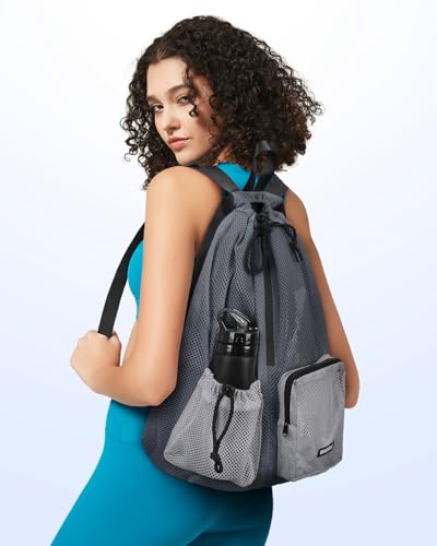 WANDF Swim Bag for Swimmers, Mesh Beach Backpack - color: Grey With 2 Front Pockets, size: Large