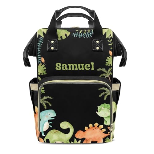 Personalized Diaper Bag with Name, Custom Cute Green Dinosaur Theme Bag, Black Monogram Nappy Backpack with Thermal Pockets for Adults, Large Capacity Waterproof Diaper Bag - color: Cute Dinosaur