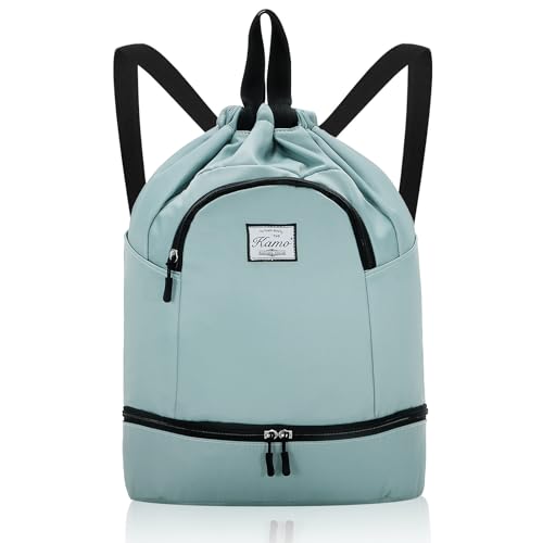 Kamo Drawstring Backpack Bag - Sport Swimming Yoga Backpack with Shoe Compartment, Two Water Bottle Holder for Men Women Large String Backpack Athletic Sackpack for Travel - color: Light Blue