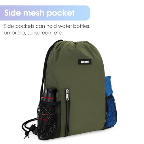WANDF Drawstring Backpack Sports Gym Sackpack with Mesh Pockets Water Resistant String Bag for Women Men (Dark Green) - color: Green