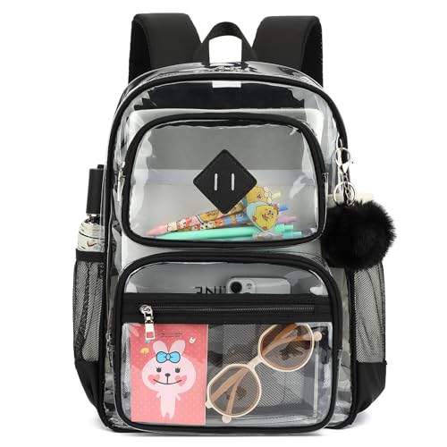 Heavy Duty Clear Backpack for Girls Boys Transparent School Bookbag Kids Durable PVC See Through Backpack-Black - color: Black