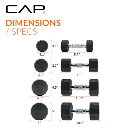 CAP Rubber Coated Hex Dumbbell Set with Storage Rack | 100–210 lb Options, Space-Saving Vertical Compact Storage for Home Gym Strength Training - size: 100 lb - Set, style: 12-Sided Chrome Handle