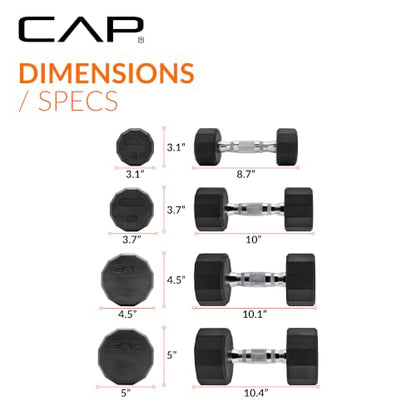 CAP Rubber Coated Hex Dumbbell Set with Storage Rack | 100–210 lb Options, Space-Saving Vertical Compact Storage for Home Gym Strength Training - size: 100 lb - Set, style: 12-Sided Chrome Handle