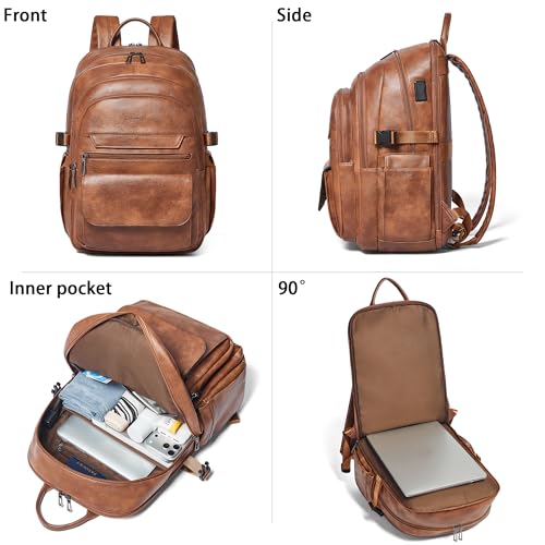 Vegan Leather Backpack, TSA Travel Backpack for Men and Women, Fits 17.0 Inch Notebook with Luggage Strap and USB Port, Brown - color: Brown