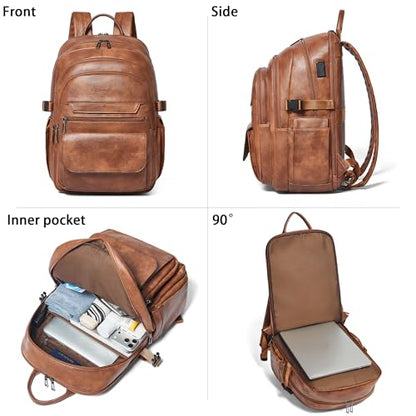 Vegan Leather Backpack, TSA Travel Backpack for Men and Women, Fits 17.0 Inch Notebook with Luggage Strap and USB Port, Brown - color: Brown