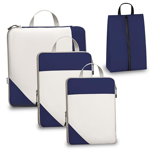 Compression Travel Packing Cubes with White Mesh, Blue, 4Pcs | Waterproof fabric and See-Through Mesh, Space-Saving Compression Organizer for Travel and Daily Clothes Storage - color: Blue, size: Set of 4