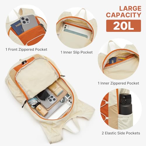 G4Free 20L Hiking Backpack Lightweight Daypack with Phone Pocket Small Packable Foldable Hiking Bag for Women Men, Orange+Beige - color: Orange+beige