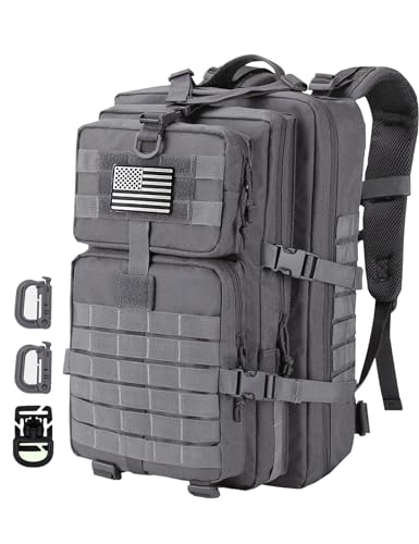 Hannibal Tactical MOLLE Assault Backpack, Tactical Backpack Military Army Camping Rucksack, 3-Day Pack Trip w/USA Flag Patch, D-Rings, Grey - color: Grey