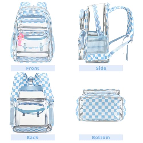 ACESAK Clear Backpack for Girls - 3 Pcs Clear Backpack Heavy Duty with Lunch Bag - See Through Bookbag Stadium Approved for Kids Middle High College School(Blue Checkerboard) - color: Blue Checkerboard