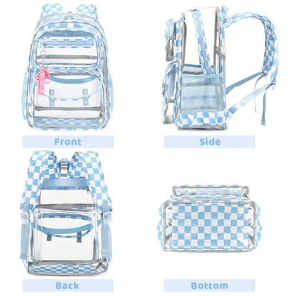 ACESAK Clear Backpack for Girls - 3 Pcs Clear Backpack Heavy Duty with Lunch Bag - See Through Bookbag Stadium Approved for Kids Middle High College School(Blue Checkerboard) - color: Blue Checkerboard
