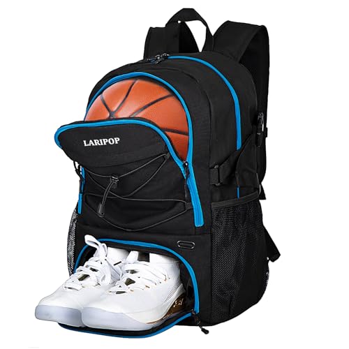 LARIPOP Basketball Backpack with Ball Compartment - Ventilated Shoe Pocket Fits US Size 15, Water Resistant 30L Sports Bag for Men Women Teen Athletes Practice Travel - color: TR Blue