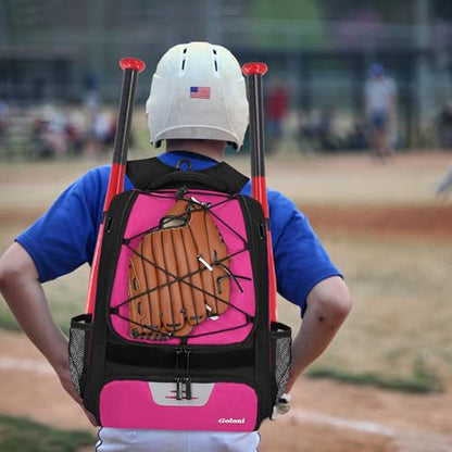 Goloni | Baseball Backpack,Baseball Bag for Adult,Softball Bat Bag with Shoes Compartment,Large Main Compartment for Helmet & accessories, Fence Hook - color: Rose