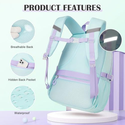 DIGOBAY Backpacks for Girls - 3PCS Girls Backpack with Lunch Box & Pencil Pouch School Backpacks for Elementary Middle High College School Bookbag for Teen Girl Kids Students Aquamarine-purple - color: Aquamarine-purple