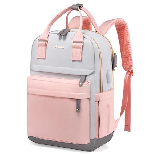 LOVEVOOK Travel Laptop Backpack Women, 15.6 Inch Anti-theft Laptop Bag with USB Port, Fashion Waterproof Computer Backpacks Teacher Nurse Backpack Purse for College Work - color: Grey-pink, size: 15.6 Inch