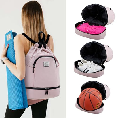 Kamo Drawstring Backpack Bag - Sport Swimming Yoga Backpack with Shoe Compartment, Two Water Bottle Holder for Men Women Large String Backpack Athletic Sackpack for Travel - color: Pale Pink