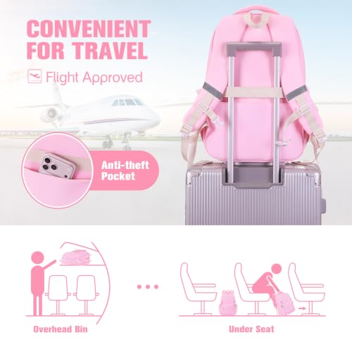 Kids Backpack for Girls - 3PCS Cute Embroidered Bow Girls Backpack with Insulated Lunch Bag & Pencil Case - Bookbag for Teen Women Middle High School College Work Travel Daypack - color: Pink Beige