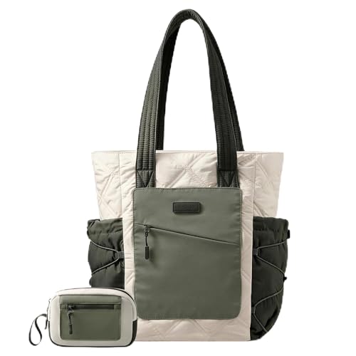 LOVEVOOK Tote Bag for Women, puffer tote bag for Work Travel Nurse, Lightweight quilted Bags with Compartments - color: M-15.6 Inch-cream-green Drawstring