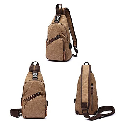 Canvas Sling Bag Crossbody Backpack Shoulder Casual Rucksack for Men Women Outdoor Cycling Hiking Travel Fishing Coffee - color: Coffee