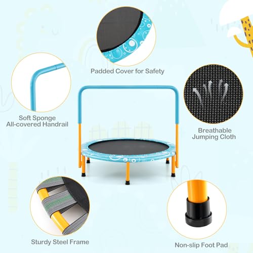 Giantex 36-Inch Mini Trampoline for Kids, ASTM Approved Foldable Rebounder Trampoline with Foamed Handle, Max Loaded 330 lbs, Indoor Safety Padded Fitness Trampoline - color: Light Blue+Orange