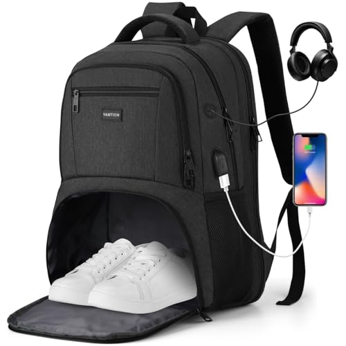YAMTION Gym Backpack for Men Women with Shoe Compartment,17,3 Inch Bookbag for Boys with USB Port for Workout College Sport - color: Black