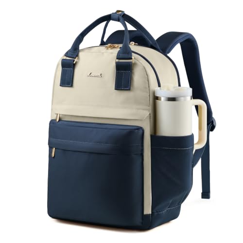 LOVEVOOK Laptop Backpack for Women with Giant Tumbler Holder Pocket, 15.6 inch Laptop Computer Bag Travel Backpack Purse, Waterproof Work Nurse Teacher Bag College School - color: Navy & Dark Apricot, size: 15.6 Inch-cup