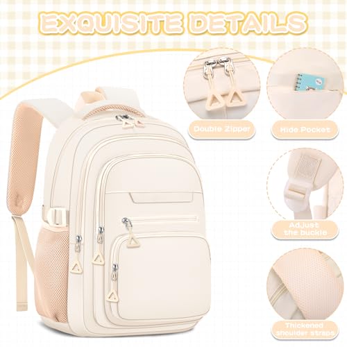 PRAGARI Cute Backpack for School Girls Aesthetic Backpack Women College Bookbag Large Students Laptop Bag Travel Casual Daypack - color: Beige