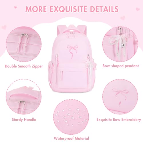Kids Backpack for Girls - 3PCS Cute Embroidered Bow Girls Backpack with Insulated Lunch Bag & Pencil Case - Bookbag for Teen Women Middle High School College Work Travel Daypack - color: Pink