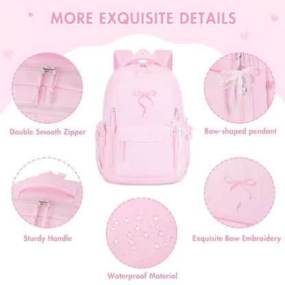 Kids Backpack for Girls - 3PCS Cute Embroidered Bow Girls Backpack with Insulated Lunch Bag & Pencil Case - Bookbag for Teen Women Middle High School College Work Travel Daypack - color: Pink