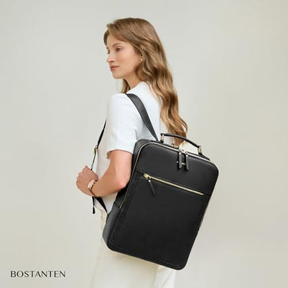BOSTANTEN Leather Backpack 15.6 inch Laptop Bag Travel Casual Computer Backpack College Business Work Shoulder Bags with Trolley Sleeve for Women Men Black - color: Black