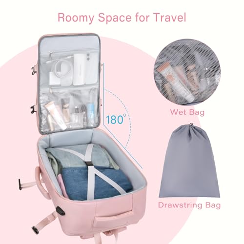 MOSISO 40L Travel Backpack for Women, Rhombus Quilted Flight Approved Carry on Daypack with USB Charging Port&Drawstring Bag, 17-17.3 inch Laptop Backpack for Office Work Travel Essentials, Pink
