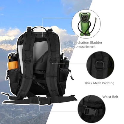 Hannibal Tactical 30L MOLLE Assault Pack, Tactical Backpack Military Army Camping Rucksack with Bottle Holder, 3-Day Pack, Black - color: Black, size: 30L