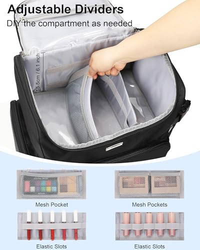 Relavel Makeup Backpack Large Bag with 5 Clear Set Bags, Dual Layer Professional Cosmetic Organizer Travel Train Case Makeup Artist Kit with Adjustable Dividers & Easy to Clean Lining, Black - color: Black with 2 extra clear bags, size: Large