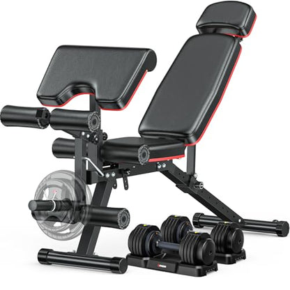 XDDIAS Workout Bench, Adjustable Weight Bench with Leg Extension and Leg Curl, Extended Headrest, 900LBS Preacher Curl Bench Incline Decline Flat Workout Bench for Home Gym Full Body Exercise - color: Glossy+a pair of 55LB Dumbbells