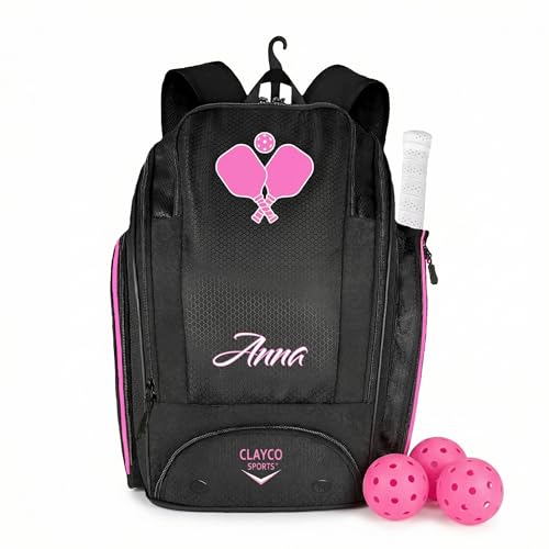 Personalized Pickleball Backpack - Large Pickle Ball Bag with Shoe Compartment, Fence Hook, Paddle Holder - Gifts for Men & Women - color: Black and Pink