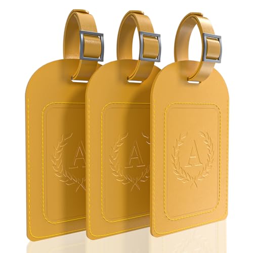 Alphabet Luggage Tags, 3 Pack Yellow Initial Bag Tags with Privacy Cover & Replaceable ID Card, Faux Leather Suitcase Tags for Travel, Flights & Cruises - style: Letter A