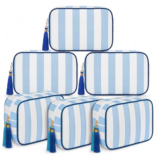Kacctyen 6 Pack Baby Blue and White Striped Makeup Bag bulk with Tassel Travel Cosmetic Pouch Organizer Large Zipper Toiletry Case for Women Aesthetic Storage Pouch Mahjong Tile Bag - color: Baby Blue and White