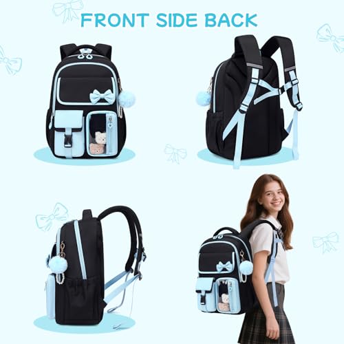 Girls Backpack, School Backpack for Girls, Cute Bow Kids Bookbag for Grils Children Teens for Elementary Middle High School Student, Back To School, Black Blue 3pcs - color: Black Blue-3pcs