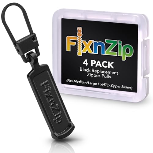 FixNZip Medium to Large Black Zipper Pull Replacements (4-Pack) | Universal Clip-On Pull Tabs for Zipper Repair, Sliders & Luggage, Jackets, Backpacks, Tents, Sleeping Bags & Outdoor Gear - color: Black