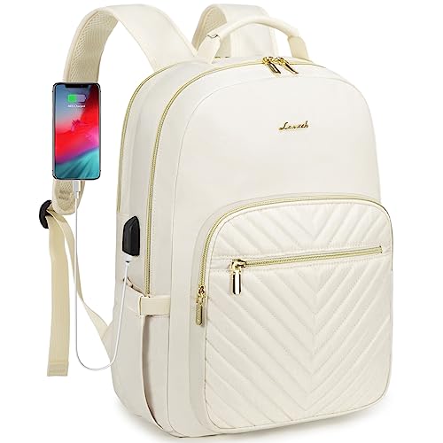 LOVEVOOK Laptop Backpack Purse for Women, Work Travel Computer Bags, College School Backpack for Student Girl, Quilted Casual Daypack with USB Port, Fit 15.6 Inch Laptop, Beige White - color: Beige, size: 15.6-Inch