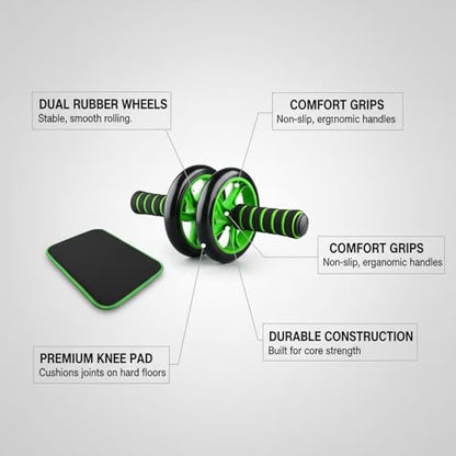 Green Ab Wheel Roller with Knee Pad, Dual Exercise Wheel for Core Strength Training, Non-Slip Rubber Wheels for Home Gym Workouts